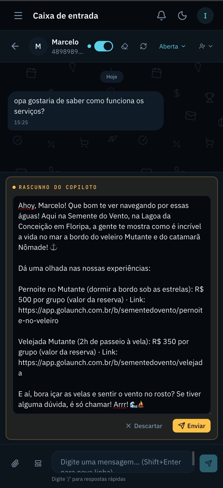 A mesma tela de rascunho da IA, no WhatsApp do celular